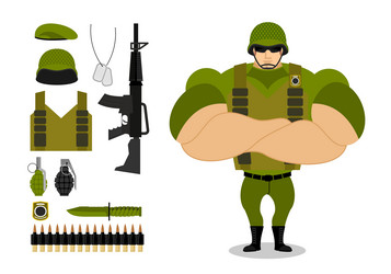 Soldiers and weapons set of military ammunition vector