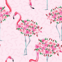 Pink Flamingo & Roses Seamless Pattern Vector Image