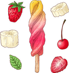 set ice cream raspberry cherry banana hand vector