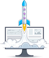 startup rocket take off over computer monitor vector image