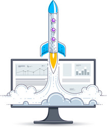 Startup rocket take off over computer monitor vector