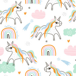 childish seamless pattern with creative unocorns vector