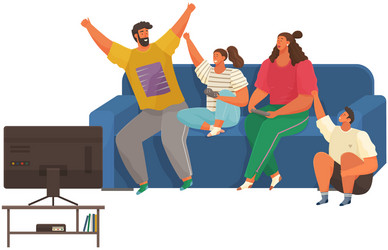 parents and children relaxing in apartment with tv vector