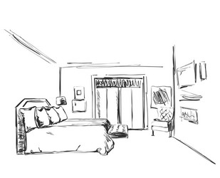 Bedroom interior sketch hand drawn furniture vector