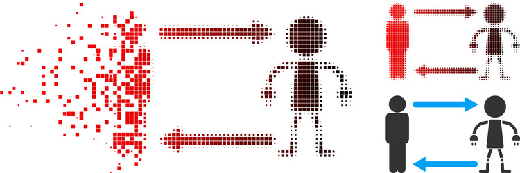 Broken pixel halftone man exchange robot icon vector