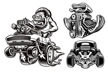 Retro Hot Rod Skull Set Vector Image