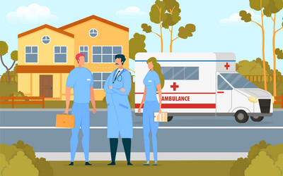 medical staff coming to home ambulance doctors vector