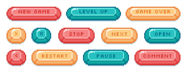 8bit retro pixel art buttons interface menu icons vector image