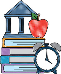pile text books with alarm and library building vector image