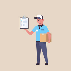 Postman in uniform holding cardboard parcel box vector