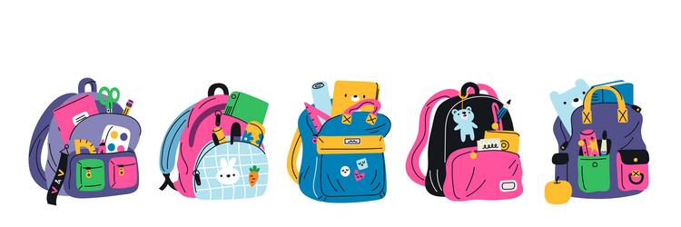 Colorful backpacks with school supplies kids vector