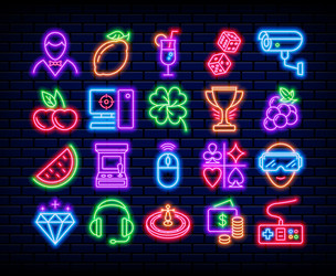 neon game icons casino and roulette games dice vector