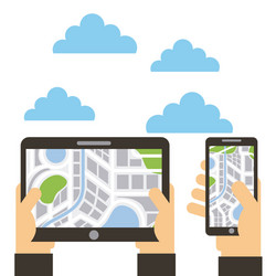 hands with tablet and smartphone navigation map vector image