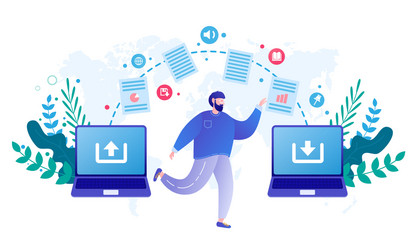 File transfer on notebook concept could syncing vector