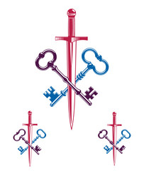 crossed keys and dagger symbol emblem turnkeys vector image