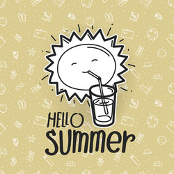 hello summer cute sun on pattern with beach stuff vector