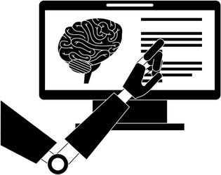 monitor computer with brain and robot hand vector image