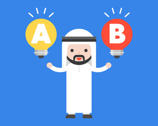 Cute arab businessman and two lightbulbs in his vector