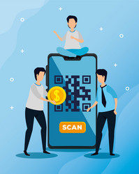 code qr in smartphone with businessmen and icons vector image