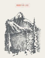 a mountain peak pine forest lake drawn Vector Image