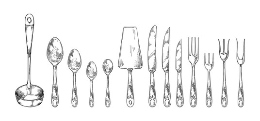 cutlery sketch tableware for restaurant food vector