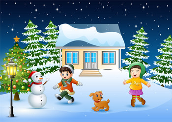 Happy kids playing in front of the snowing house o vector