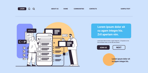 web developers couple creating program code vector image