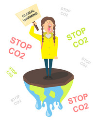 Young girl stay on melting earth with a global vector