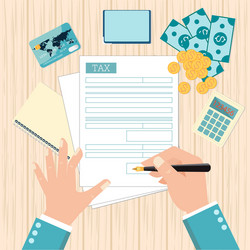 Man Filling Tax Form with Pen - Top View vector image
