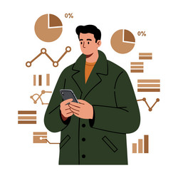 man using smartphone with business data charts vector image