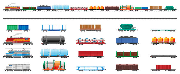 Set train cargo wagons cisterns tanks cars vector