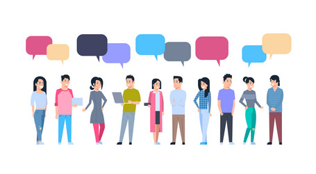 Young asian men and women group with chat bubbles vector