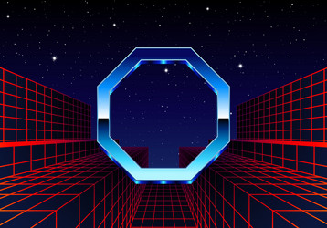 synthwave frame with chrome polygon and 80s styled vector image