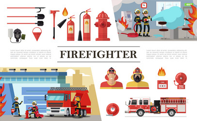 Flat set of firefighting items fireman Royalty Free Vector