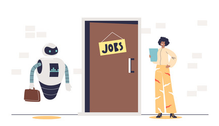 Woman and robot waiting together for job interview vector