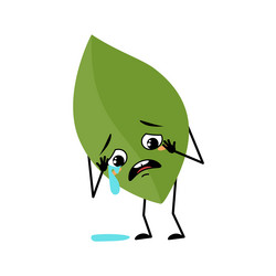 Leaf character with crying and tears emotion vector