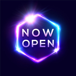 Now open neon text light sign on blue background vector