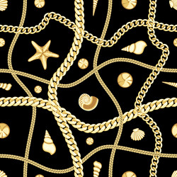 Golden chains and seashell check seamless pattern vector