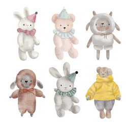 Set of watercolor plush toy bunny bear vector