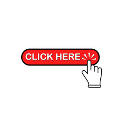 Click here button in red with mouse pointer hand vector