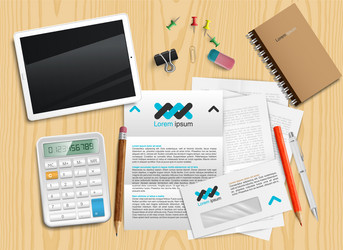 realistic office desk with different objects vector image
