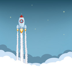 Rocket ship launch spaceship flies in sky vector