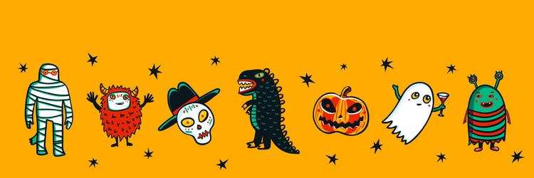 Halloween horizontal banner with funny monsters vector