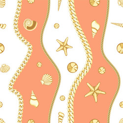 Golden chains and seashell stripe seamless pattern vector