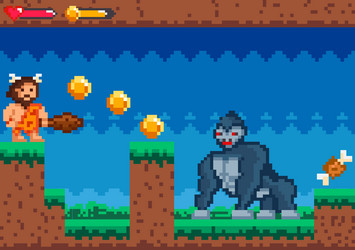 retro video game scene with caveman and gorilla vector image