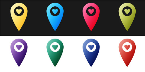 Set map pointer with heart icon isolated on black vector