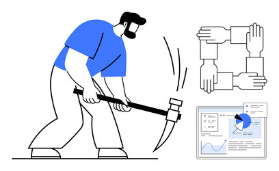 man swinging pickaxe team collaboration and data vector image