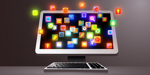 computer with cloud of app icons on the screen vector image