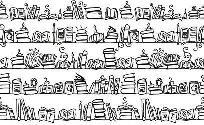 seamless pattern with books on bookshelves sketch vector