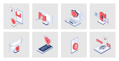 cyber security concept of isometric icons in 3d vector image